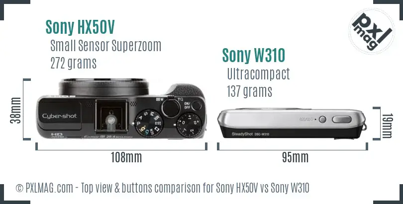 Sony HX50V vs Sony W310 top view buttons comparison