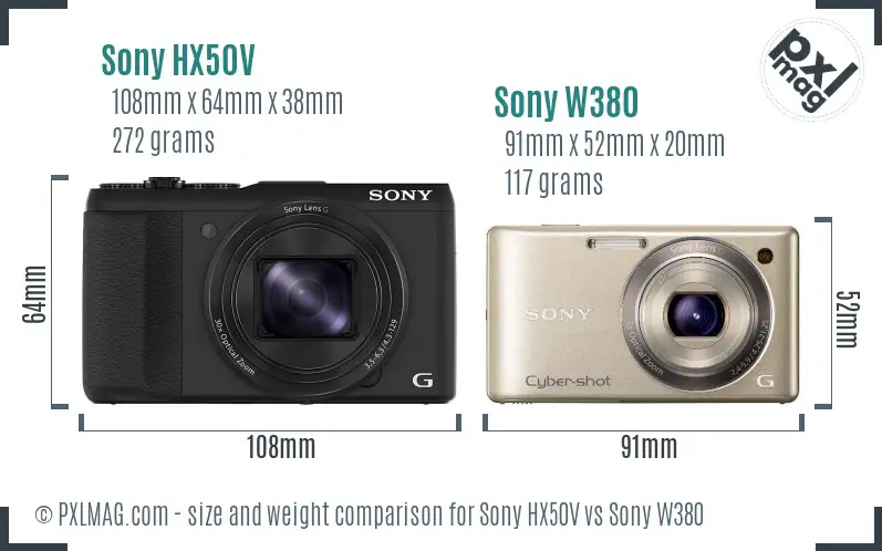 Sony HX50V vs Sony W380 size comparison