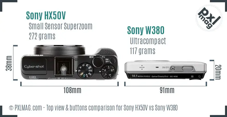 Sony HX50V vs Sony W380 top view buttons comparison