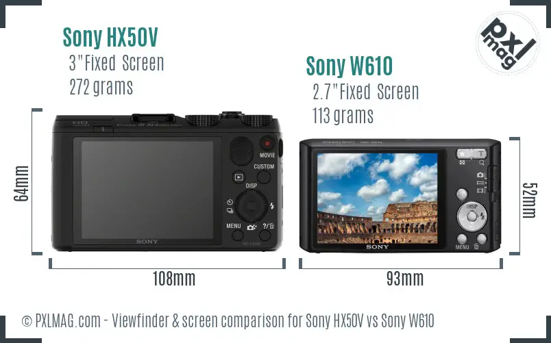 Sony HX50V vs Sony W610 Screen and Viewfinder comparison