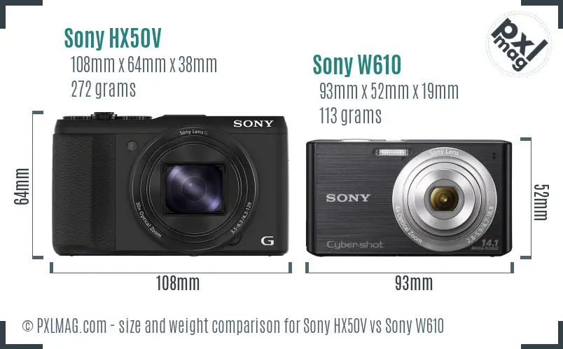 Sony HX50V vs Sony W610 size comparison