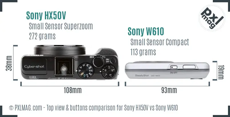 Sony HX50V vs Sony W610 top view buttons comparison