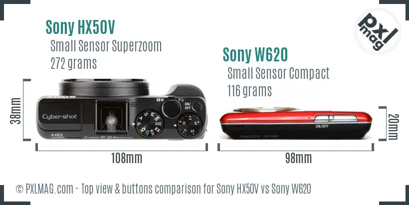 Sony HX50V vs Sony W620 top view buttons comparison