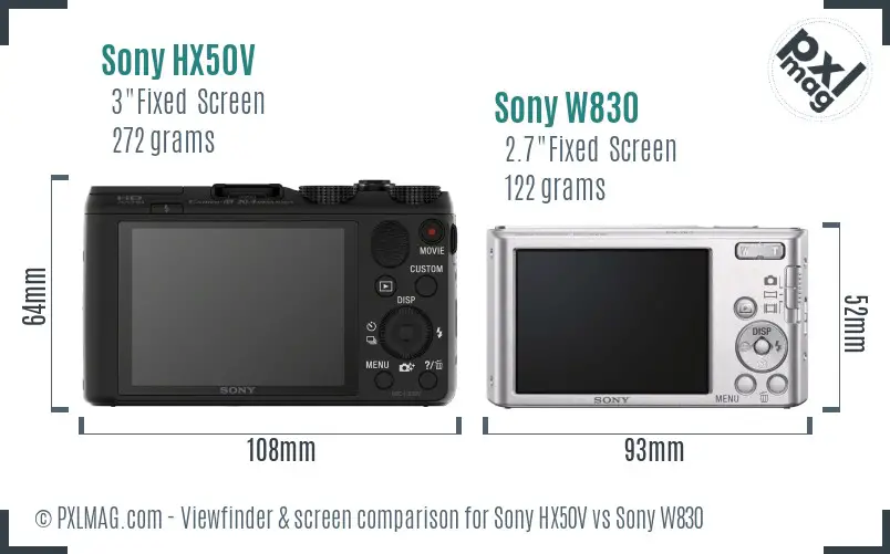 Sony HX50V vs Sony W830 Screen and Viewfinder comparison