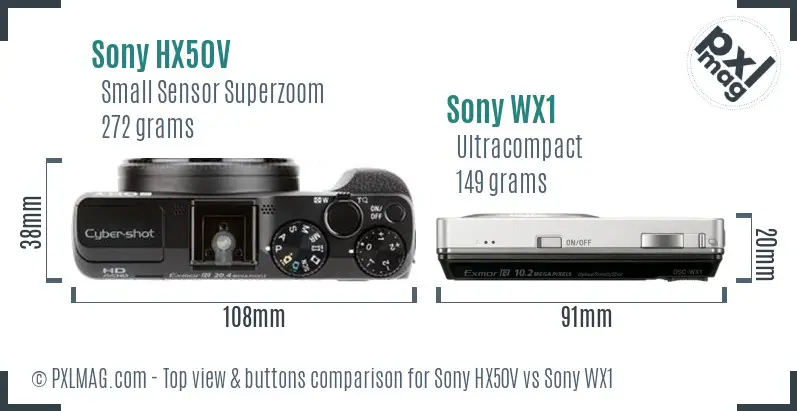 Sony HX50V vs Sony WX1 top view buttons comparison