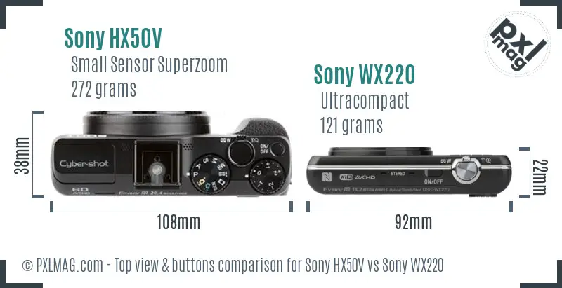 Sony HX50V vs Sony WX220 top view buttons comparison