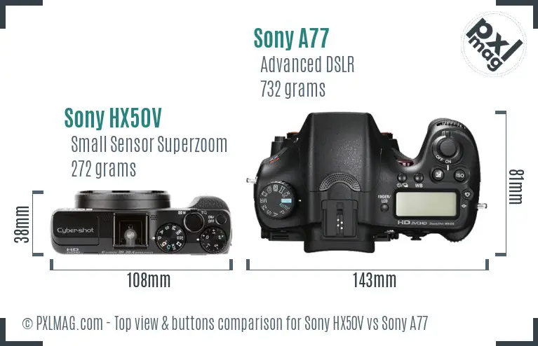 Sony HX50V vs Sony A77 top view buttons comparison