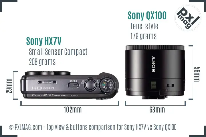 Sony HX7V vs Sony QX100 top view buttons comparison
