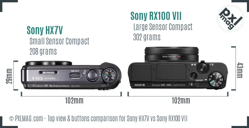 Sony HX7V vs Sony RX100 VII top view buttons comparison
