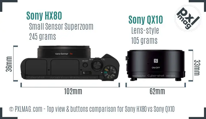Sony HX80 vs Sony QX10 top view buttons comparison