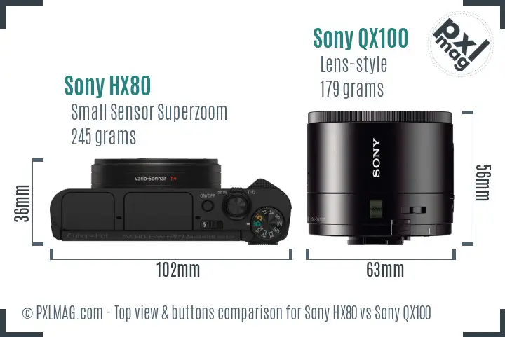 Sony HX80 vs Sony QX100 top view buttons comparison