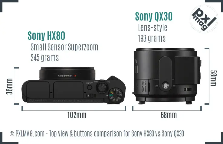 Sony HX80 vs Sony QX30 top view buttons comparison