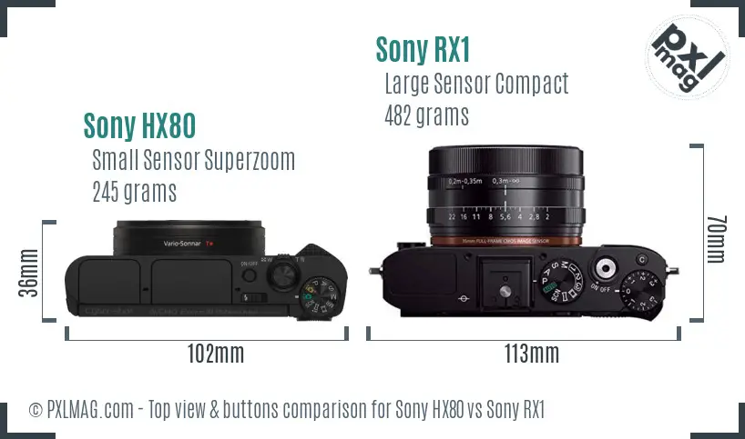 Sony HX80 vs Sony RX1 top view buttons comparison
