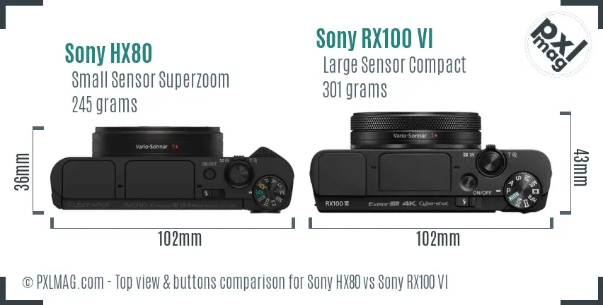 Sony HX80 vs Sony RX100 VI top view buttons comparison