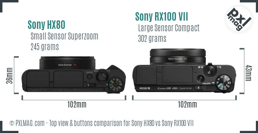 Sony HX80 vs Sony RX100 VII top view buttons comparison