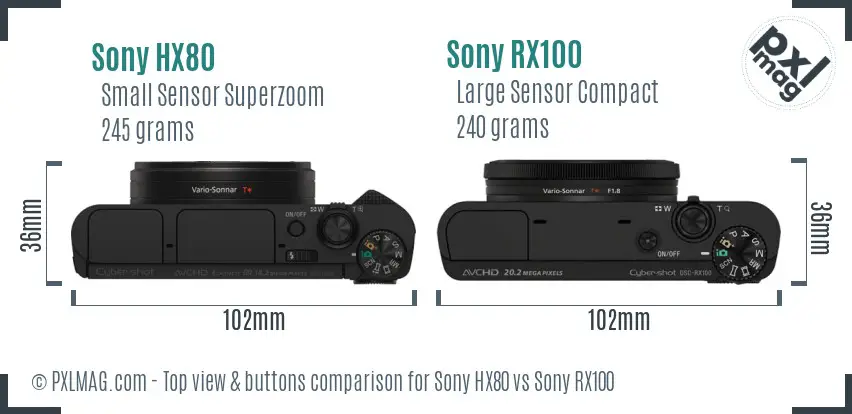 Sony HX80 vs Sony RX100 top view buttons comparison