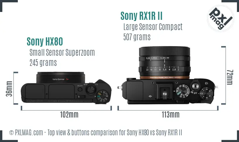 Sony HX80 vs Sony RX1R II top view buttons comparison