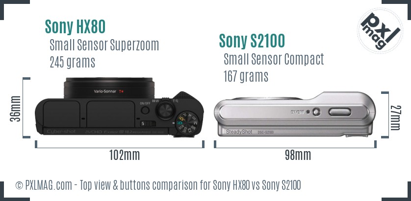 Sony HX80 vs Sony S2100 top view buttons comparison