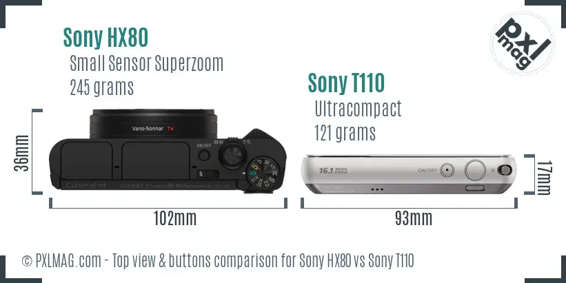 Sony HX80 vs Sony T110 top view buttons comparison