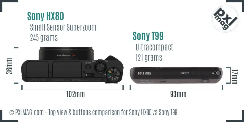 Sony HX80 vs Sony T99 top view buttons comparison