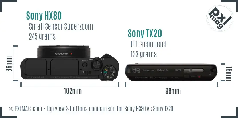 Sony HX80 vs Sony TX20 top view buttons comparison