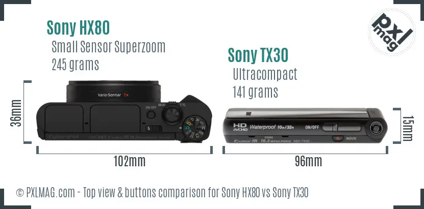 Sony HX80 vs Sony TX30 top view buttons comparison