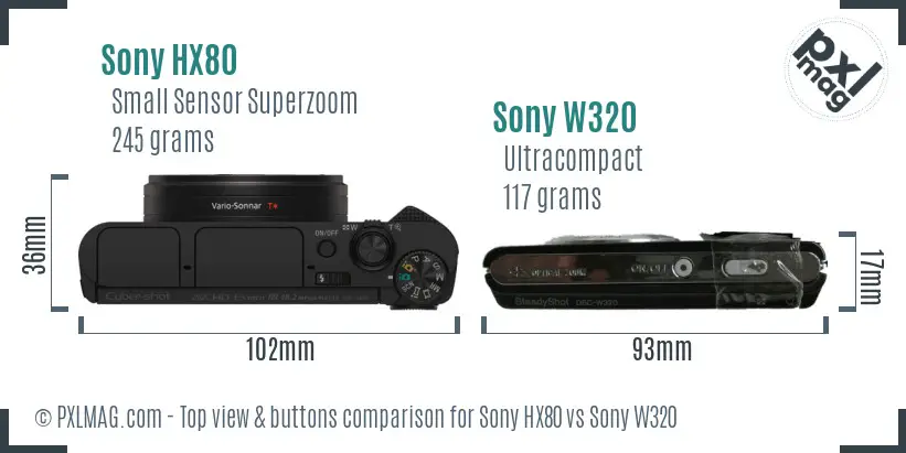 Sony HX80 vs Sony W320 top view buttons comparison