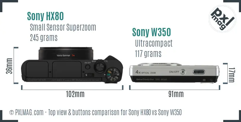 Sony HX80 vs Sony W350 top view buttons comparison