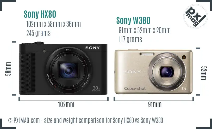 Sony HX80 vs Sony W380 size comparison