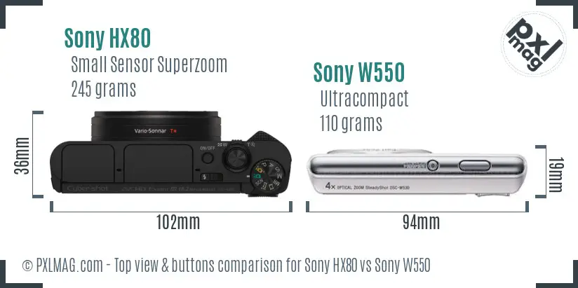 Sony HX80 vs Sony W550 top view buttons comparison