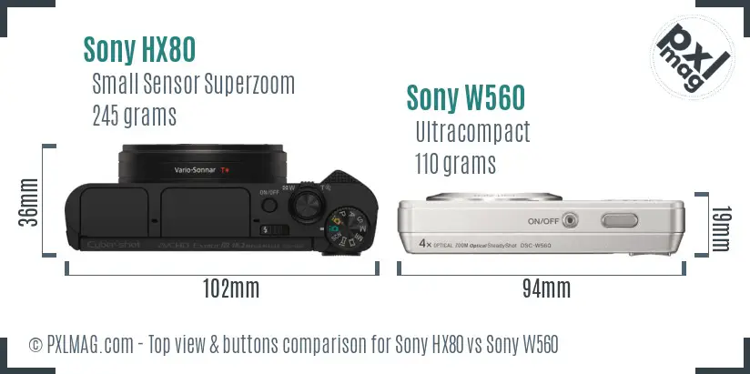 Sony HX80 vs Sony W560 top view buttons comparison