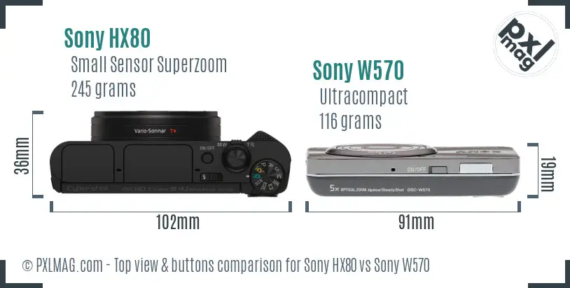 Sony HX80 vs Sony W570 top view buttons comparison