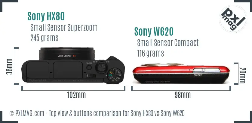 Sony HX80 vs Sony W620 top view buttons comparison