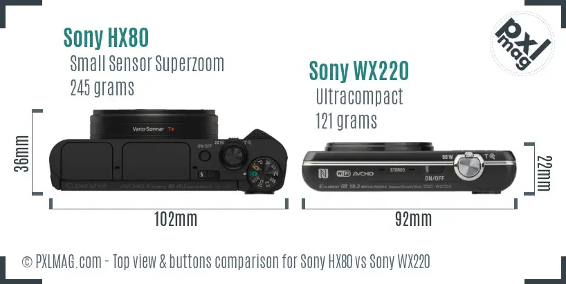 Sony HX80 vs Sony WX220 top view buttons comparison