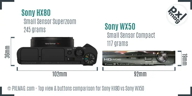 Sony HX80 vs Sony WX50 top view buttons comparison