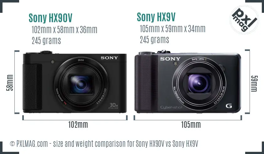 Sony HX90V vs Sony HX9V size comparison