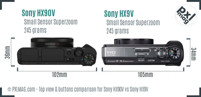 Sony HX90V vs Sony HX9V top view buttons comparison