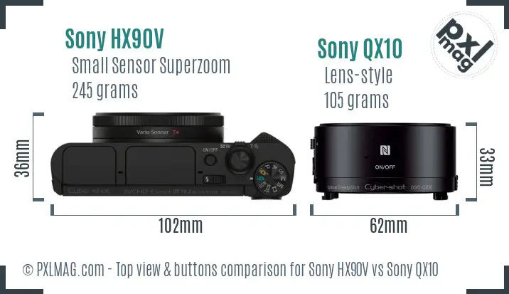 Sony HX90V vs Sony QX10 top view buttons comparison