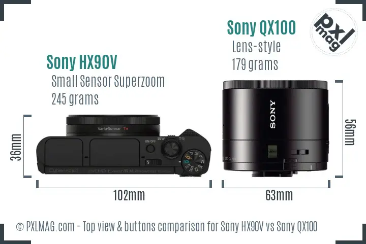 Sony HX90V vs Sony QX100 top view buttons comparison