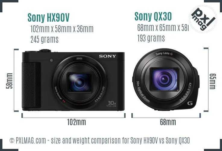 Sony HX90V vs Sony QX30 size comparison