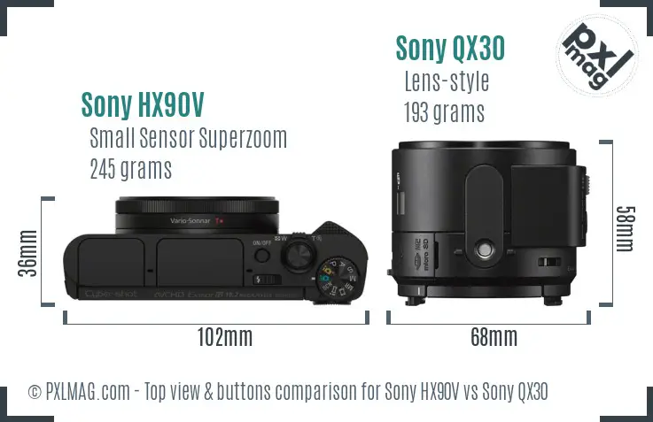 Sony HX90V vs Sony QX30 top view buttons comparison