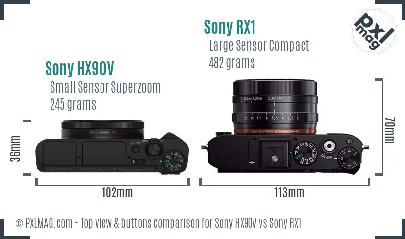 Sony HX90V vs Sony RX1 top view buttons comparison