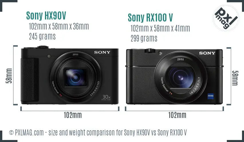 Sony HX90V vs Sony RX100 V size comparison