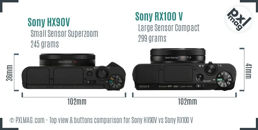 Sony HX90V vs Sony RX100 V top view buttons comparison