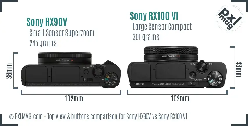 Sony HX90V vs Sony RX100 VI top view buttons comparison