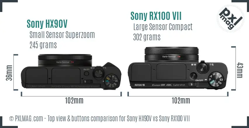 Sony HX90V vs Sony RX100 VII top view buttons comparison