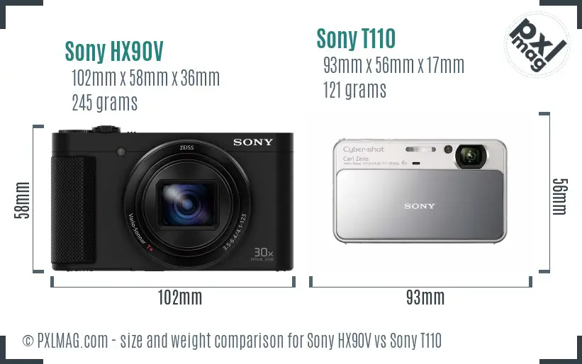 Sony HX90V vs Sony T110 size comparison