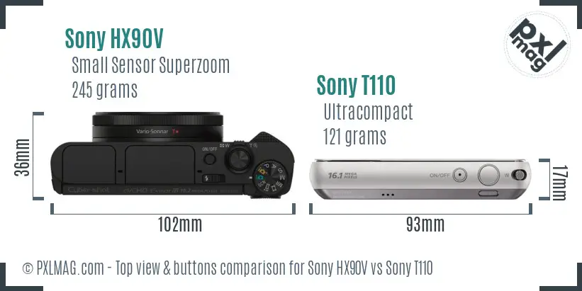Sony HX90V vs Sony T110 top view buttons comparison