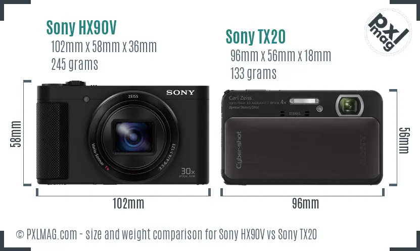 Sony HX90V vs Sony TX20 size comparison