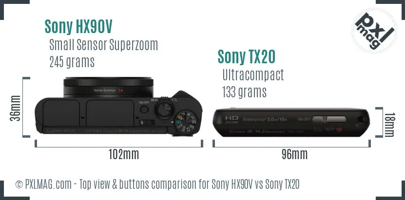 Sony HX90V vs Sony TX20 top view buttons comparison